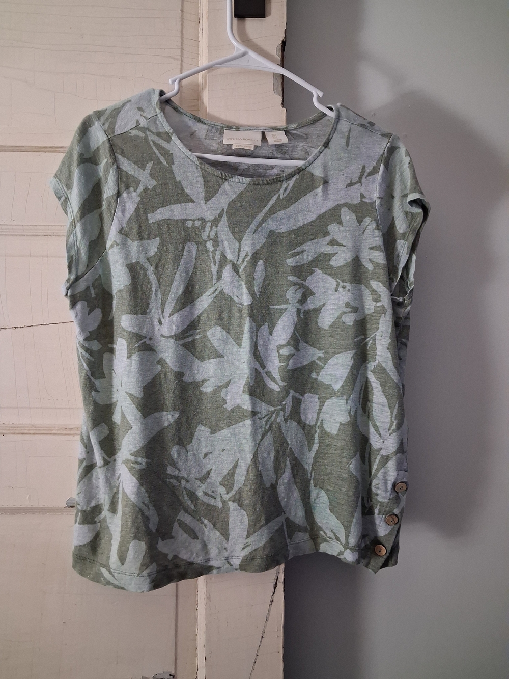 Cynthia Rowley 100% Linen Green Floral Short Sleeve Tee